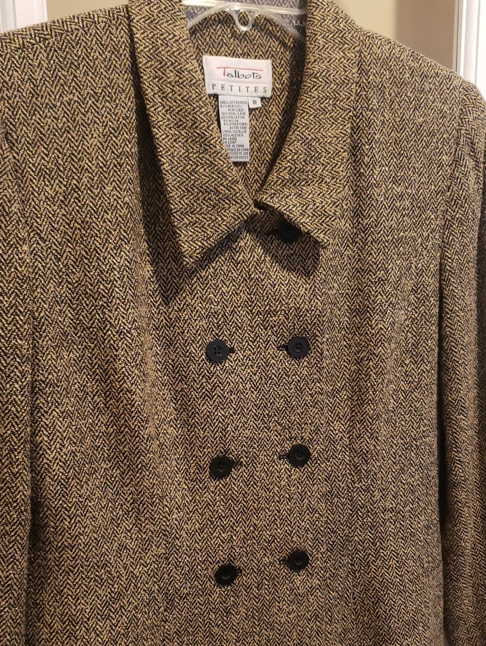 Vtg Talbots Women's Double-Breasted Herringbone Blazer in Tan and Black - 10P - Picture 4 of 13